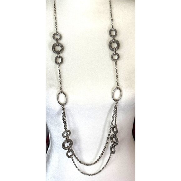 Crown Premier Designs Long Chain Necklace Silver Tone Textured Chunky Geometric - Picture 1 of 7